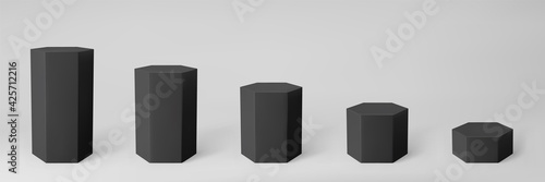 Black 3d hexagon podium set with perspective isolated on grey background. Product podium mockup in hexagon shape, pillar, empty museum stages or pedestal. 3d basic geometric shape vector illustration