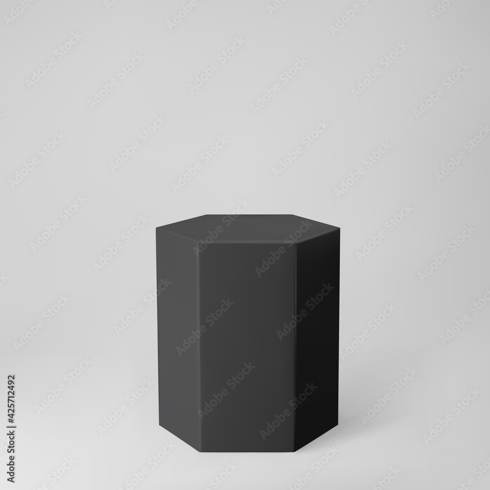 Black 3d hexagon podium with perspective isolated on grey background. Product podium mockup in hexagon shape, pillar, empty museum stage or pedestal. 3d basic geometric shape vector illustration Black 3d hexagon podium with perspective isolated on grey background. Product podium mockup in hexagon shape, pillar, empty museum stage or pedestal. 3d basic geometric shape vector illustration