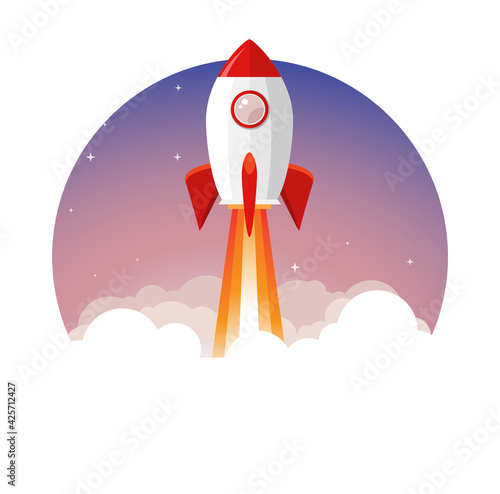 Rocket launch vector ship begin challenge startup. Start project rocket launch flat concept
