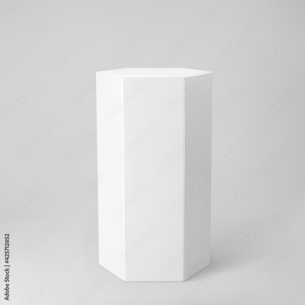 White 3d hexagon podium with perspective isolated on grey background. Product podium mockup in hexagon shape, pillar, empty museum stage or pedestal. 3d basic geometric shape vector illustration White 3d hexagon podium with perspective isolated on grey background. Product podium mockup in hexagon shape, pillar, empty museum stage or pedestal. 3d basic geometric shape vector illustration