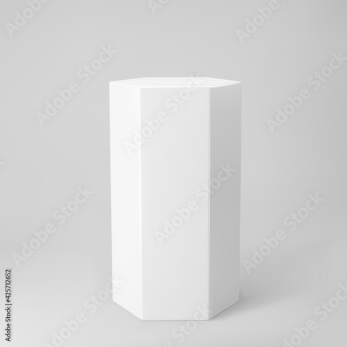 White 3d hexagon podium with perspective isolated on grey background. Product podium mockup in hexagon shape, pillar, empty museum stage or pedestal. 3d basic geometric shape vector illustration