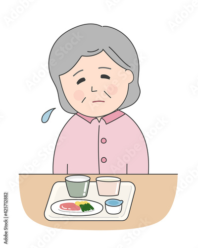 An elderly woman can't eat hospital meals. Vector illustration isolated on white background.