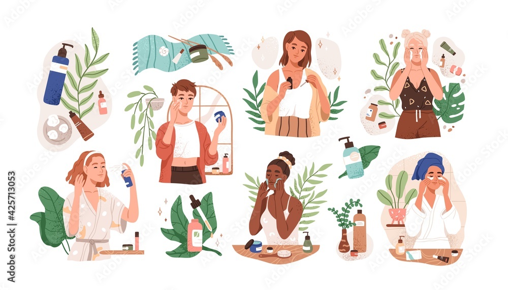Set of women applying cleansing and moisturizing face skincare products at home. Everyday skin care routine with cleanser and moisturizer. Colored flat graphic vector illustration isolated on white Set of women applying cleansing and moisturizing face skincare products at home. Everyday skin care routine with cleanser and moisturizer. Colored flat graphic vector illustration isolated on white