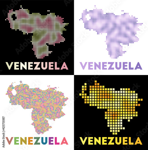 Venezuela map. Collection of maps of Venezuela in dotted style. Borders of the country filled with rectangles for your design. Vector illustration.