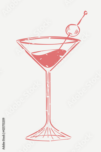 Muted red martini cocktail in cartoon illustration
