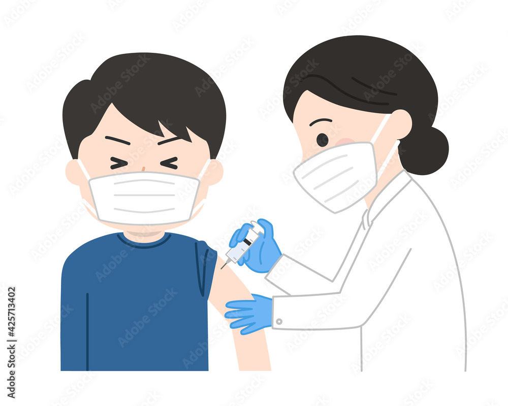 A man with a medical face mask feels a slight pinch receiving a vaccination. Vector illustration isolated on white background. A man with a medical face mask feels a slight pinch receiving a vaccination. Vector illustration isolated on white background.