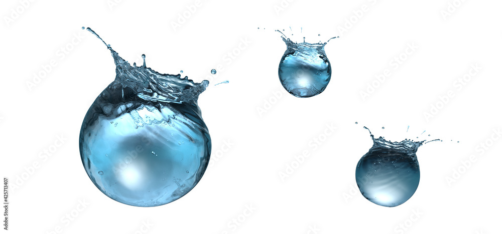 Water sphere with droplets and splash on flat white background - obrazy, fototapety, plakaty 