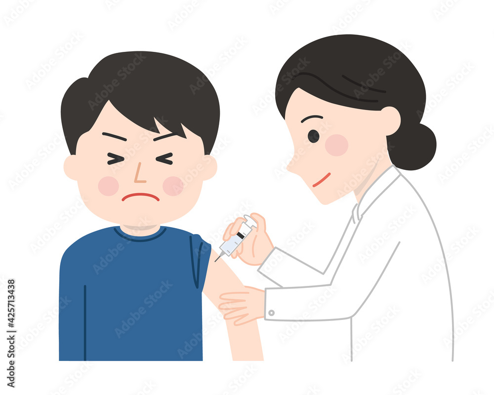 Man feels a slight pinch receiving a vaccination. Vector illustration isolated on white background. Man feels a slight pinch receiving a vaccination. Vector illustration isolated on white background.