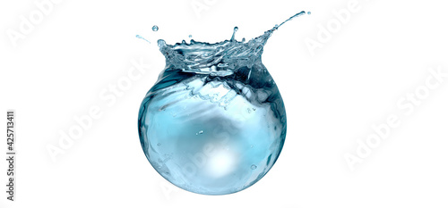 Water sphere with droplets and splash on flat white background