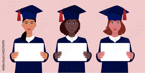 Three young happy women different races and nationalities, Asian, African, European. Students in uniform, hats with posters, sheets paper in hands. The concept celebrating graduation ceremony. Vector.