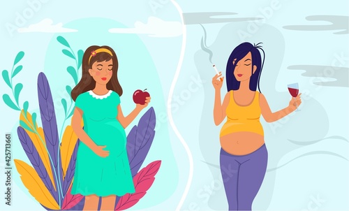Healthy lifestyle of pregnant woman and unhealthy lifestyle concept,
 happy pregnant woman holding an apple in her hand, future mother smokes and drinks alcohol, vector flat style.