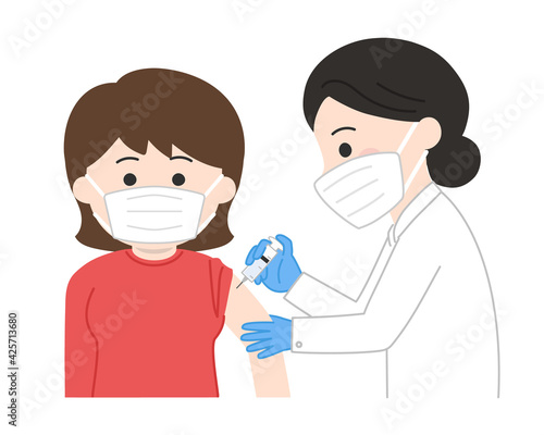 A woman with a medical face mask receiving a vaccination. Vector illustration isolated on white background.