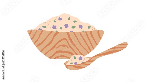 Wooden spoon and bowl full of organic pink sea salt with leaves and flowers for aromatherapy, spa and wellness treatment. Flat vector illustration of homemade cosmetics isolated on white background