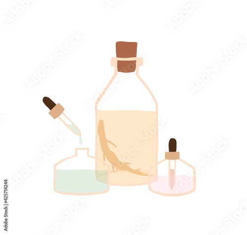 Glass bottles with natural cosmetic oils. Pipette with droplet of organic cos...