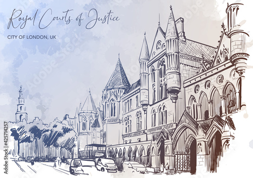 The Royal Courts of Justice a main court for England and Wales. City sketch isolated on a grunge watercolor textured background. A4 horizontal format. EPS10 vector illustration