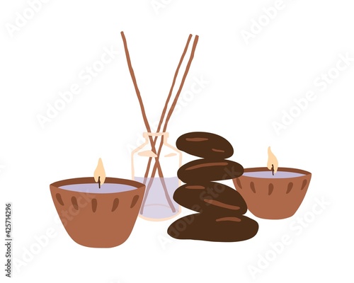 Composition of stones, burning candles and aroma sticks in bottle for body massage, skin therapy and beauty treatment. Colored flat vector illustration isolated on white background