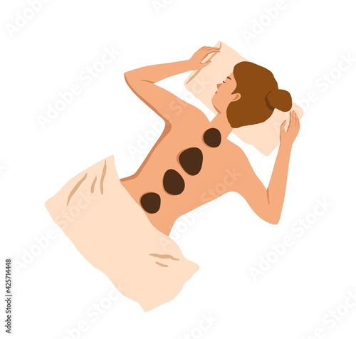 Relaxed woman resting during stone massage therapy in Spa and Wellness center. Body and skin care treatment for health and wellbeing in beauty salon. Flat vector illustration isolated on white