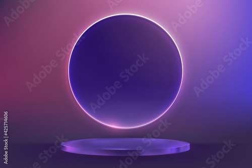 Purple product display podium with pink neon ring in modern style