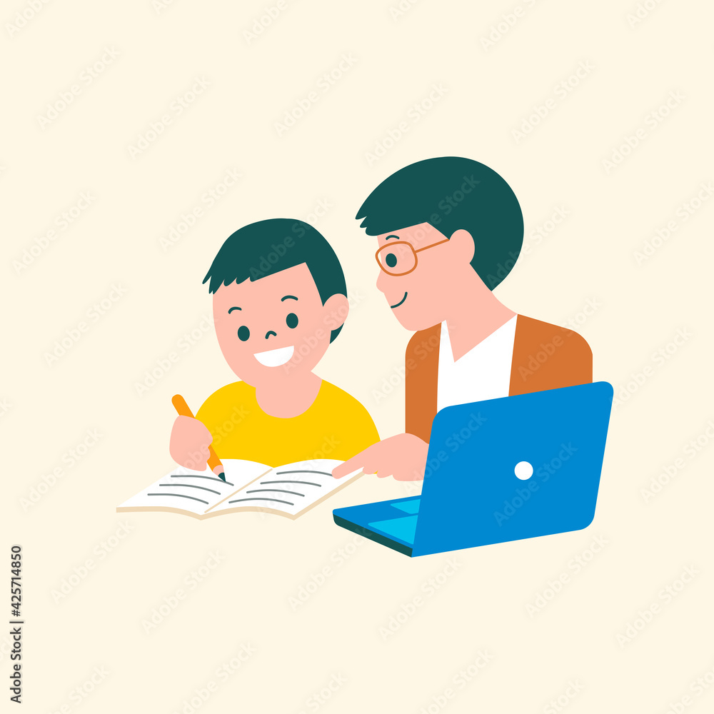 Boy studying online class with parent flat graphic Boy studying online class with parent flat graphic