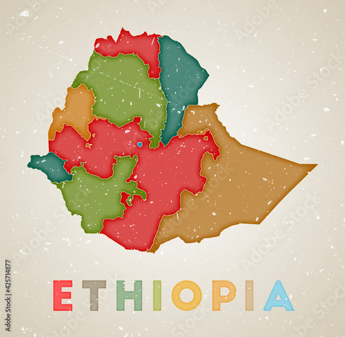 Ethiopia map. Country poster with colored regions. Old grunge texture. Vector illustration of Ethiopia with country name.