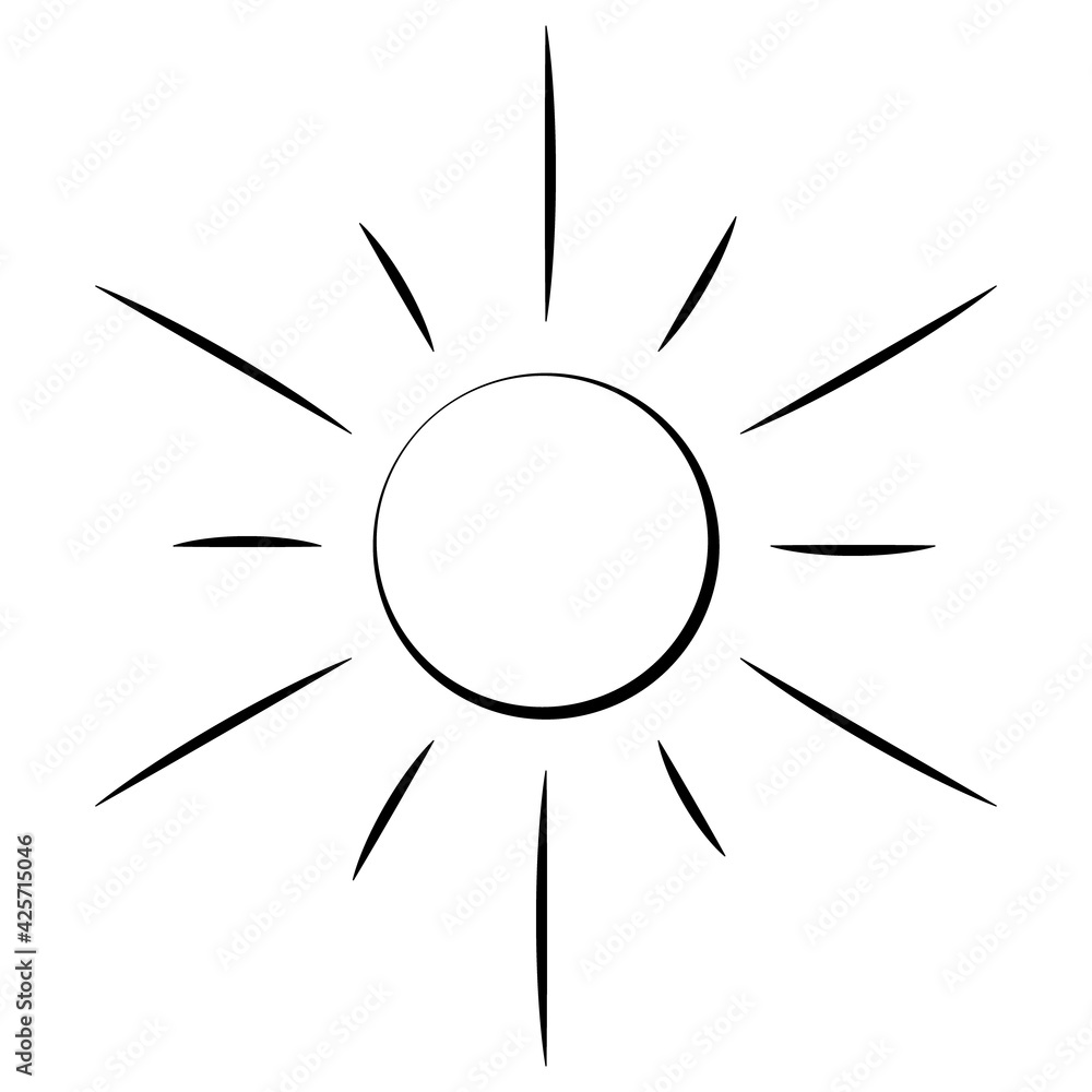 The sun. Sketch. Heavenly luminary. Vector illustration. Coloring book for children. Doodle style. Ultra-violet rays. Weather forecast. Day star. Outline on an isolated white background. Light Easter.