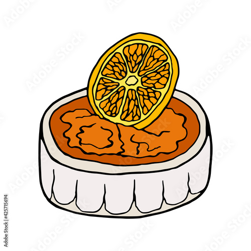 Vector hand-drawn Catalan cream. Spanish dessert. Design sketch element for menu cafe, bistro, restaurant, bakery, label and packaging. Colorful illustration on a white background.