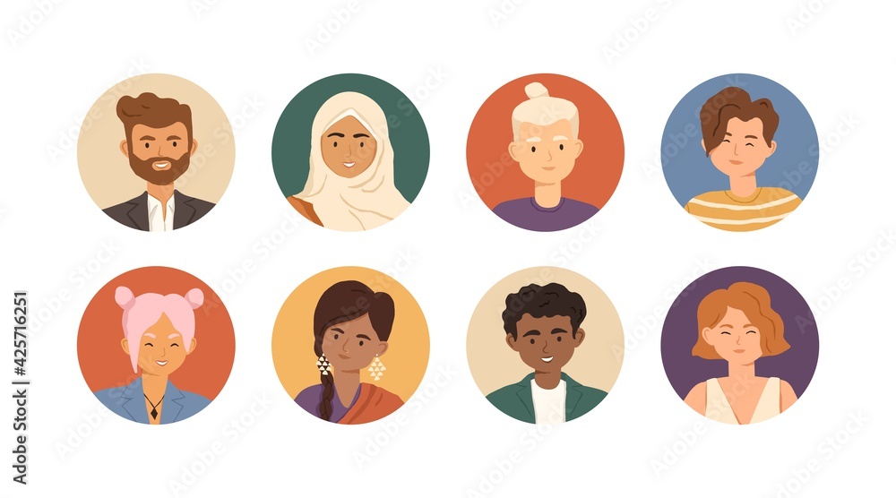 Set of diverse young people avatars with happy faces in circles isolated on white background. Person portrait for user account and profile. Colored flat vector illustration of man and woman's icons Set of diverse young people avatars with happy faces in circles isolated on white background. Person portrait for user account and profile. Colored flat vector illustration of man and woman's icons