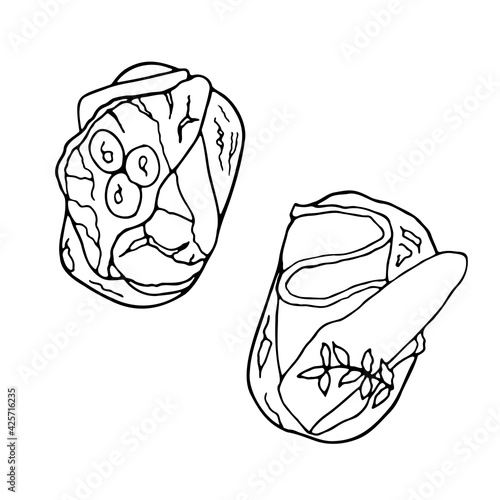 Vector hand-drawn tapas. Spanish cuisine dish. Design sketch element for menu cafe, bistro, restaurant, label and packaging. Illustration on a white background.