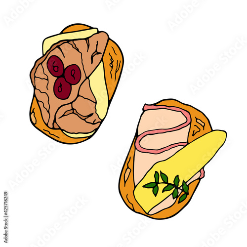Vector hand-drawn tapas. Spanish cuisine dish. Design sketch element for menu cafe, bistro, restaurant, label and packaging. Colorful illustration on a white background.