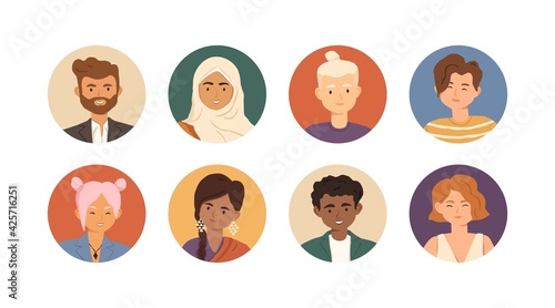 Set of diverse young people avatars with happy faces in circles isolated on white background. Person portrait for user account and profile. Colored flat vector illustration of man and woman's icons