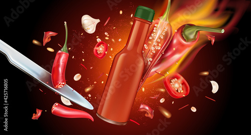 Red chili pepper packaging mock up with chili splashing elements ads isolated on solid color background, Vector realistic in 3D illustration.