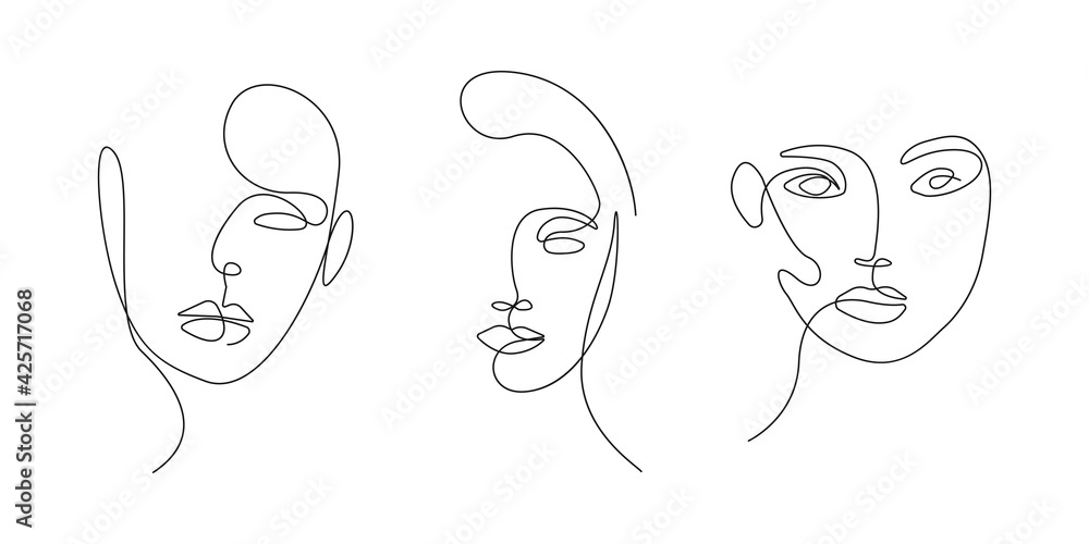 Woman Face Continuous One Line Vector Drawing Set. Style Template with Abstract Female Faces. Modern Minimalist Simple Linear Style. Beauty Fashion Design Woman Face Continuous One Line Vector Drawing Set. Style Template with Abstract Female Faces. Modern Minimalist Simple Linear Style. Beauty Fashion Design