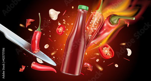 Red chili pepper packaging mock up with chili splashing elements isolated on solid color background, Vector realistic in 3D illustration.