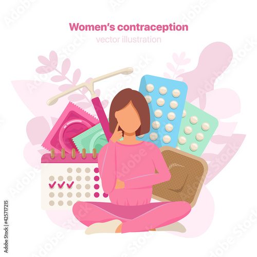 Different types of female contraception. Concept of woman that are thinking about appropriate contraception for her. Vector illustration. 
