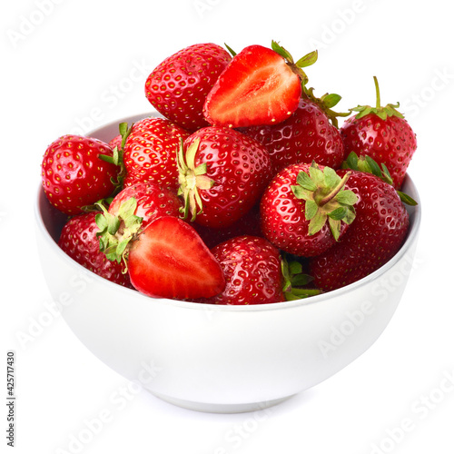 White ceramic bowl of Fresh strawberry isolated on white background