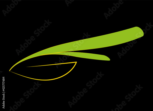 Stylized leaf logo on black background. Eco natural design of plant emblem. Organic sign with contour green leaves. Ecology life nature symbol. Jpeg illustration