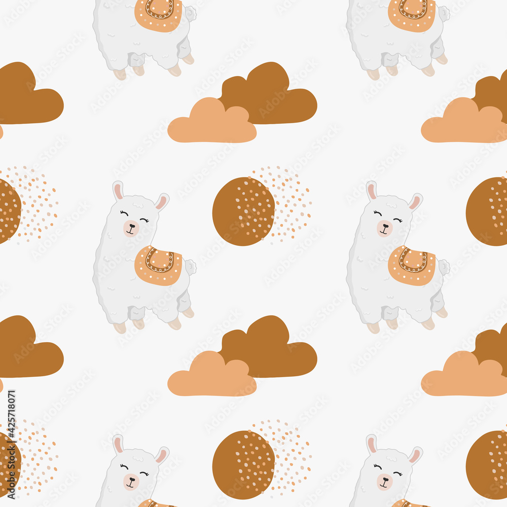 Fototapeta premium Seamless childish pattern with cute llama (alpaca), clouds, stars. Baby texture for fabric, wrapping, textile, wallpaper, clothing. Boho background