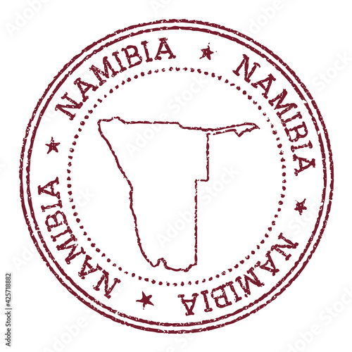Namibia round rubber stamp with country map. Vintage red passport stamp with circular text and stars, vector illustration.