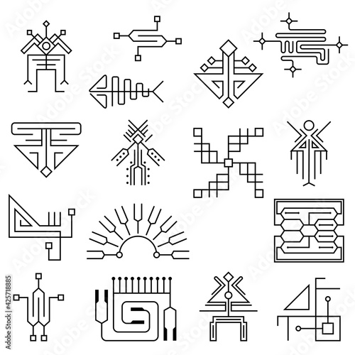 Electronic design. High tech background. Microcircuit element stylized in a futuristic style. Thin line icons set. Vector 