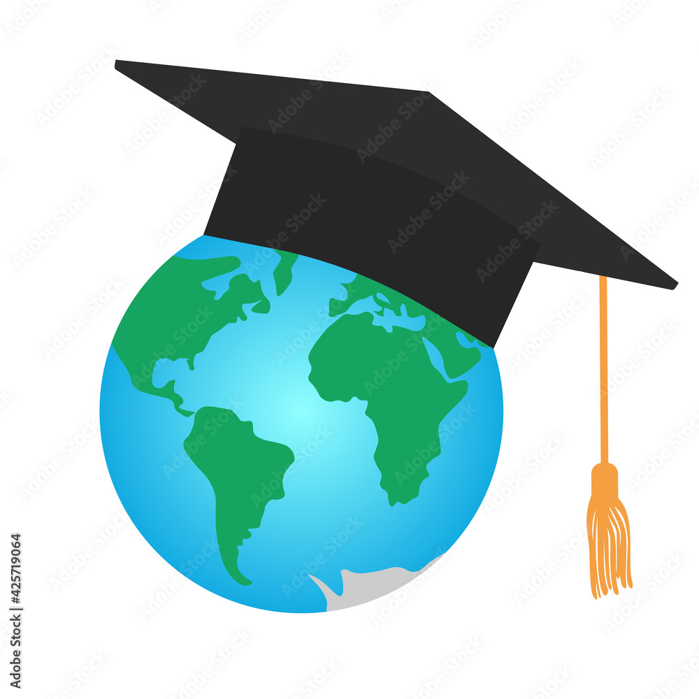 Graduating square cap or mortar board and planet earth. International ...