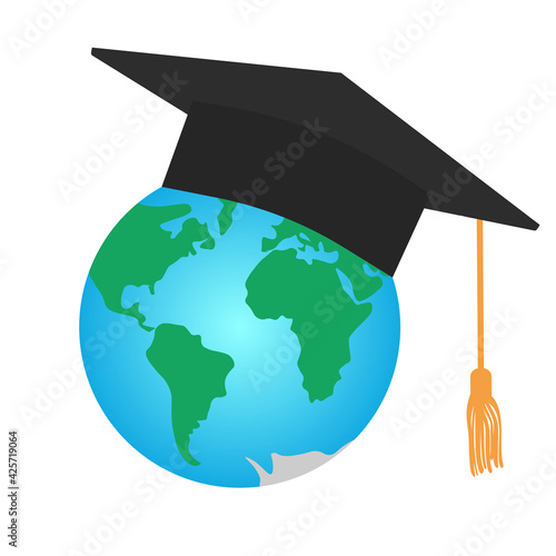 Graduating square cap or mortar board and planet earth. International graduation. Vector illustration.