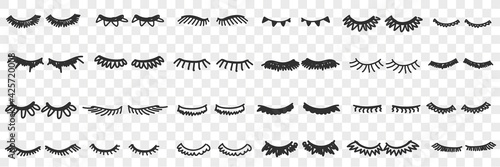 Eyelashes shapes assortment doodle set. Collection of hand drawn various shapes of black coloured eyelashes with mascara touch beauty style isolated on transparent background