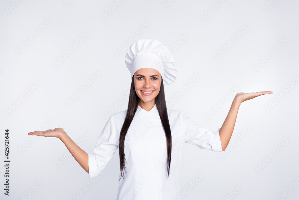 Photo of attractive girl arms alms show demonstrate empty space vs scales isolated on white color background Photo of attractive girl arms alms show demonstrate empty space vs scales isolated on white color background