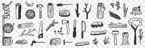 Various lumberjack tools doodle set. Collection of hand drawn working tools for lumberjack worker for cutting wood forest equipment isolated on transparent background