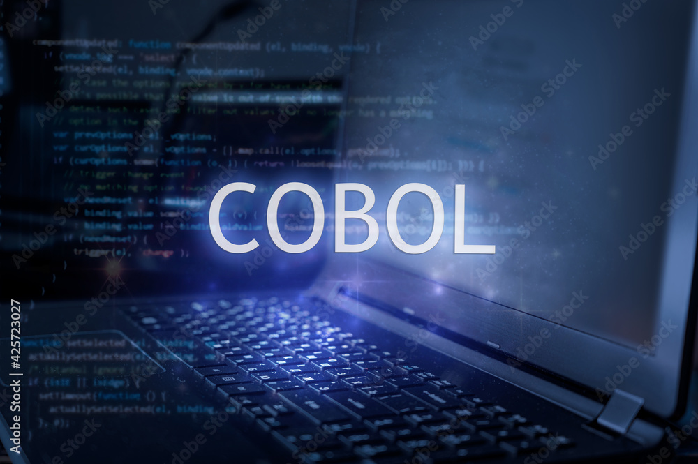 Foto Stock Cobol inscription against laptop and code background. Technology  concept. | Adobe Stock