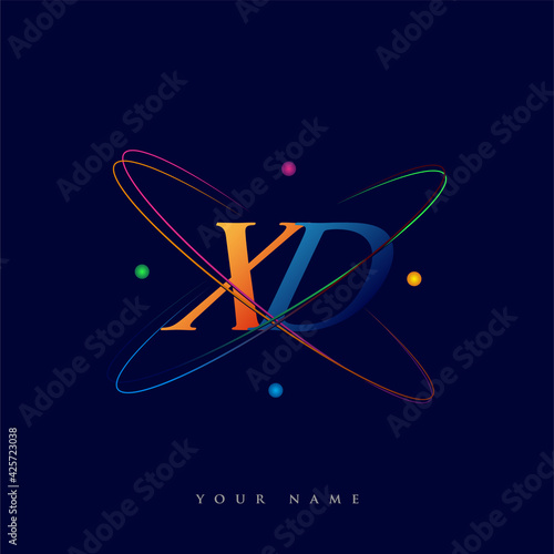 initial letter XD logotype science icon colored blue, red, green and yellow swoosh design. vector logo for business and company identity.