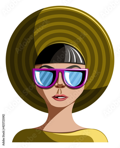 Vector image of an old fashioned girl wearing a hat and sunglasses, isolated on white background. EPS 10