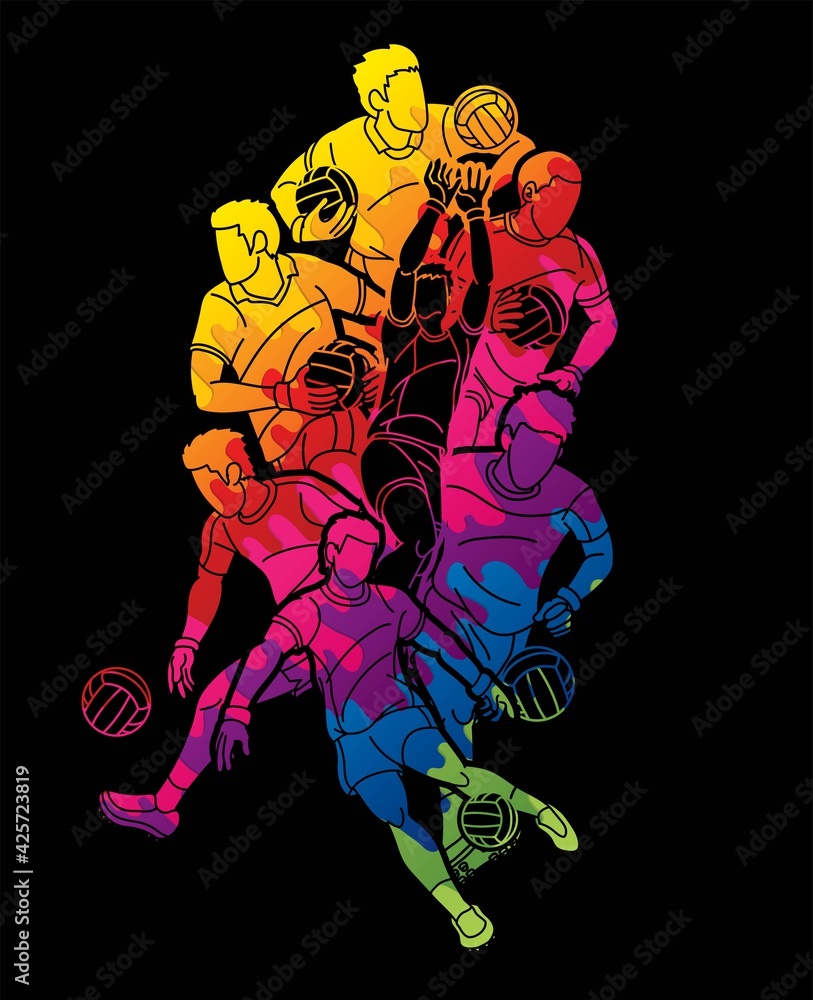 Group of Gaelic Football Men Players Action Cartoon Graphic Vector