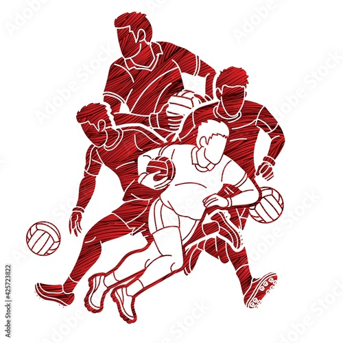 Group of Gaelic Football Men Players Action Cartoon Graphic Vector