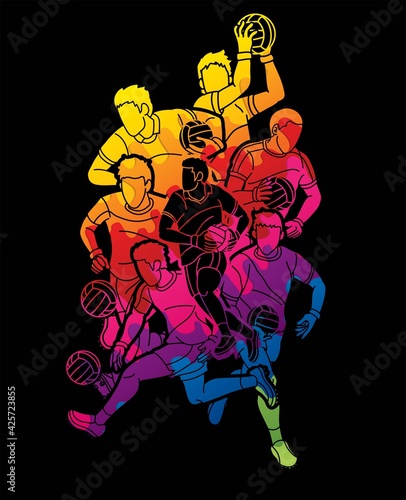 Group of Gaelic Football Men Players Action Cartoon Graphic Vector